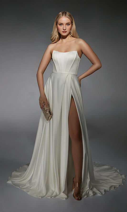Strapless Satin Lace-Up Back High Slit Wedding Dress - Yihuiw by Yihuiw
