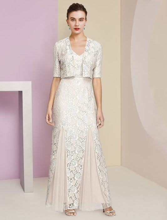 Two Piece A-Line Mother of the Bride Dress Formal Wedding Guest Elegant Winter With Jacket Half Sleeve V Neck Ankle Length Chiffon Lace Pleats Appliques by YiHuiw