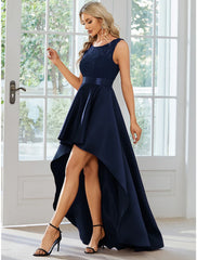 A-Line Wedding Guest Dresses Casual Dress Party Wear Asymmetrical Sleeveless Jewel Neck Satin with Pure Color