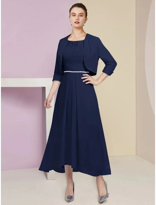 A-Line Mother of the Bride Dress Wedding Guest Elegant Scoop Neck Ankle Length Chiffon Half Sleeve with Crystals Ruching by YiHuiw