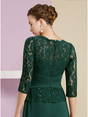 A-Line Mother of the Bride Dress Wedding Guest Elegant Scoop Neck Floor Length Chiffon 3/4 Length Sleeve with Lace Sequin Ruching