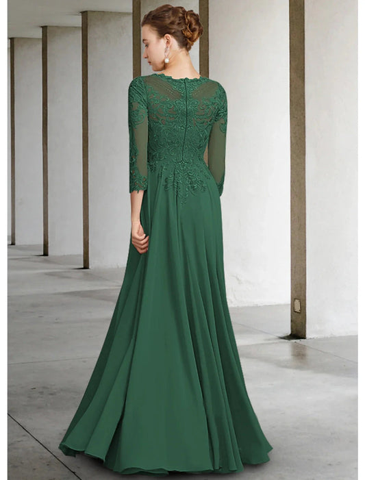 A-Line Mother of the Bride Dress Elegant Jewel Neck Floor Length Chiffon Lace 3/4 Length Sleeve with Pleats Appliques by YiHuiw