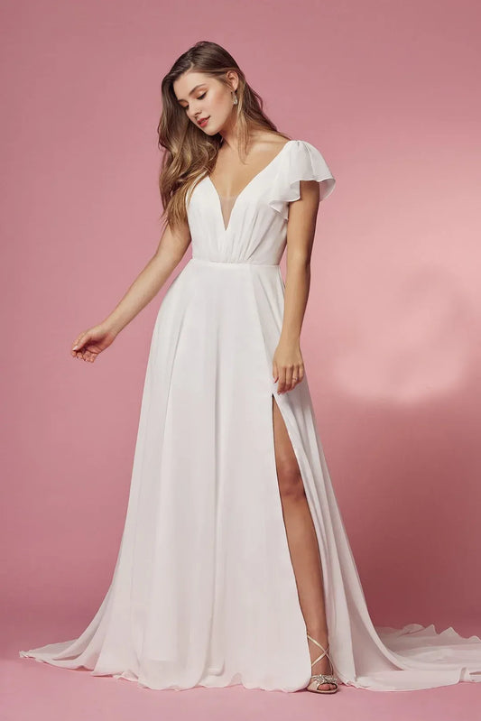 A-Line V-Neck Floor-Length Wedding Dress - Yihuiw by Yihuiw