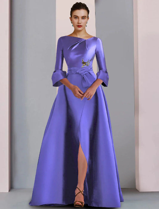 A-Line Mother of the Bride Dress Formal Party Elegant Scoop Neck Floor Length Satin 3/4 Length Sleeve with Bow(s) Pleats Embroidery by YiHuiw