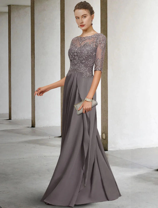 A-Line Mother of the Bride Dress Plus Size Elegant Jewel Neck Floor Length Chiffon Lace Half Sleeve with Pleats Beading Appliques by YiHuiw