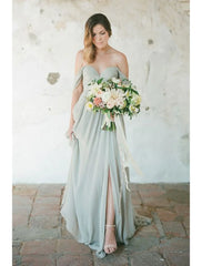 A-Line Bridesmaid Dress Sweetheart Neckline Short Sleeve Furcal Floor Length Chiffon with Pleats / Split Front