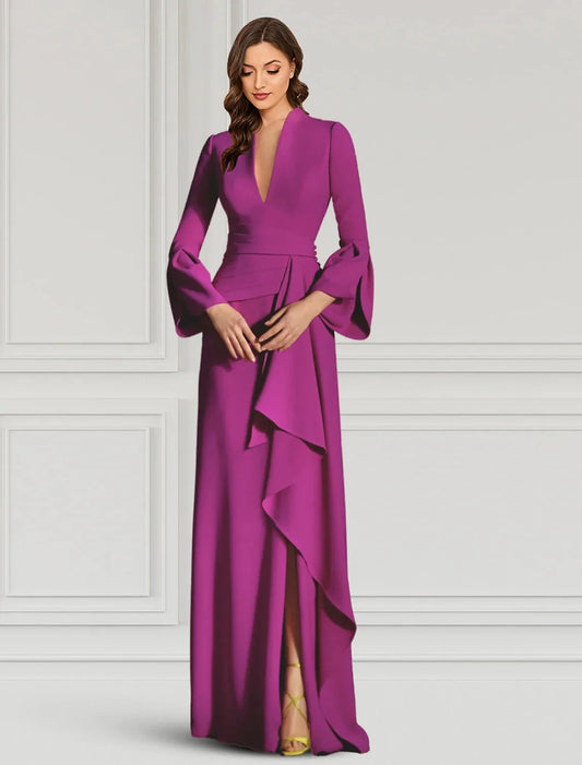 Sheath / Column Evening Gown Elegant Dress Formal Cocktail Party Dress Floor Length Long Sleeve V Neck Fall Wedding Guest Fabric with Ruffles by YiHuiw