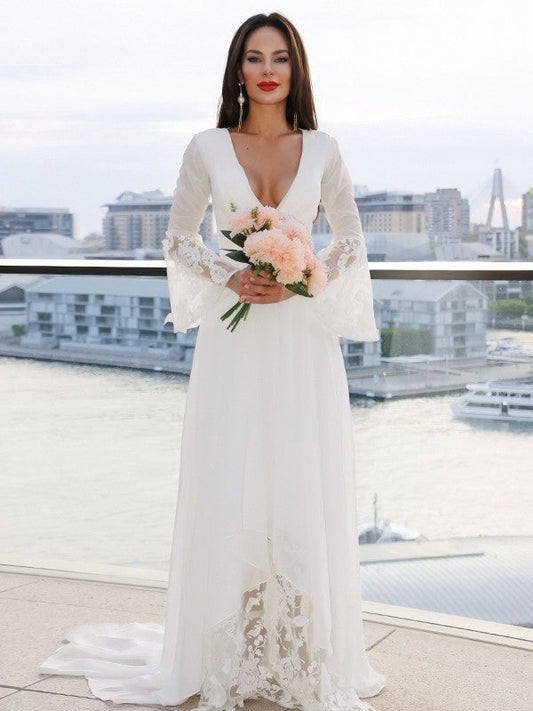 A-Line/Princess Lace V-neck Long Sleeves Sash/Ribbon/Belt Sweep/Brush Train Wedding Dresses by YiHuiw