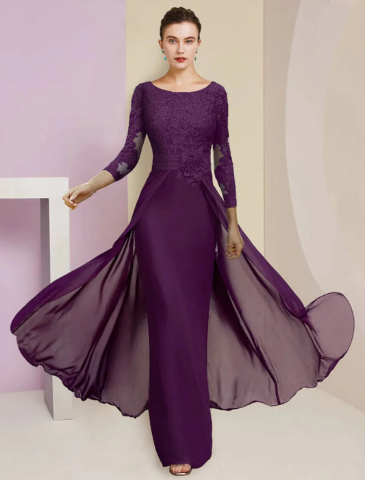 Sheath / Column Mother of the Bride Dress Formal Elegant Scoop Neck Floor Length Chiffon Lace 3/4 Length Sleeve with Appliques Flower by YiHuiw