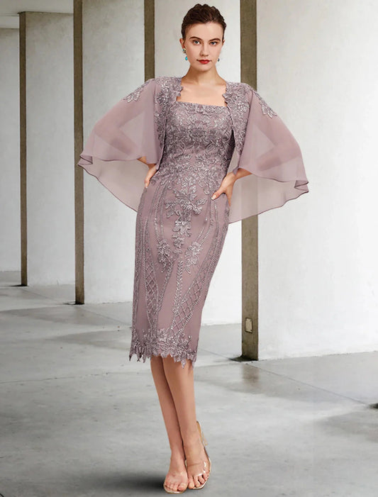 Sheath / Column Mother of the Bride Dress Vintage Elegant Square Neck Knee Length Chiffon Lace Sleeveless Jacket Dresses with Appliques by YiHuiw