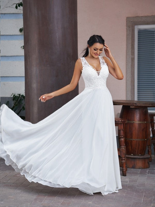 A-Line/Princess Chiffon Lace V-neck Sleeveless Floor-Length Wedding Dresses by YiHuiw