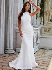 Sheath/Column Crepe Ruched Halter Sleeveless Sweep/Brush Train Wedding Dresses