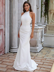 Sheath/Column Crepe Ruched Halter Sleeveless Sweep/Brush Train Wedding Dresses