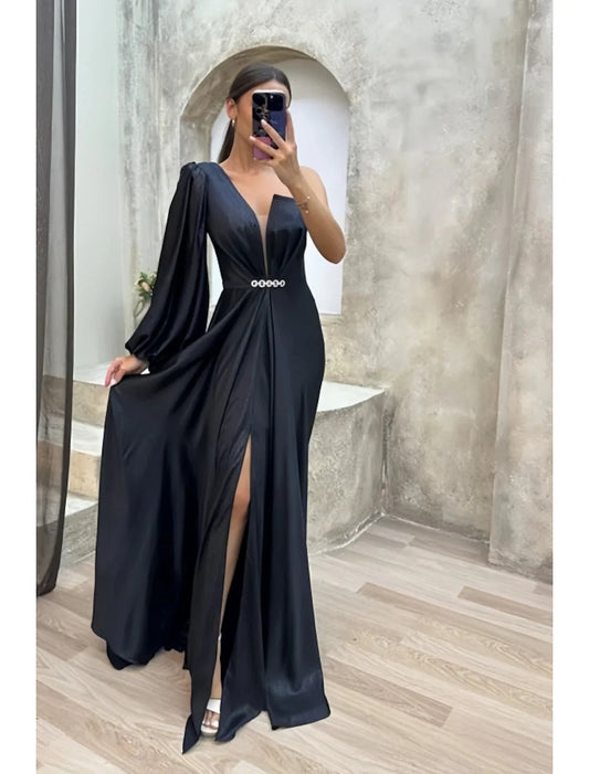 A-Line Evening Gown High Split Dress Formal Fall Sweep / Brush Train Long Sleeve One Shoulder Satin with Pleats Crystals Slit by YiHuiw