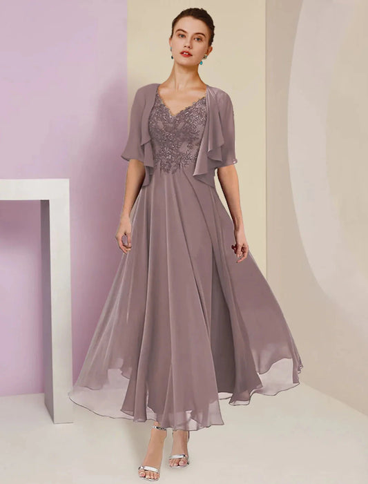 Two Piece A-Line Mother of the Bride Dress Formal Wedding Guest Elegant V Neck Tea Length Chiffon Lace Short Sleeve Jacket Dresses with Pleats Appliques by YiHuiw
