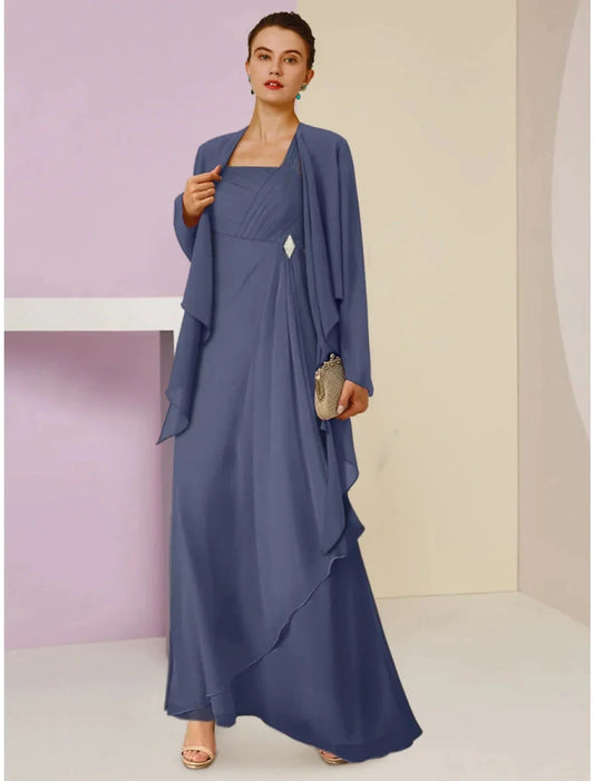 A-Line Mother of the Bride Dress Wedding Guest Elegant Square Neck Ankle Length Chiffon Long Sleeve with Crystal Brooch Ruching by YiHuiw