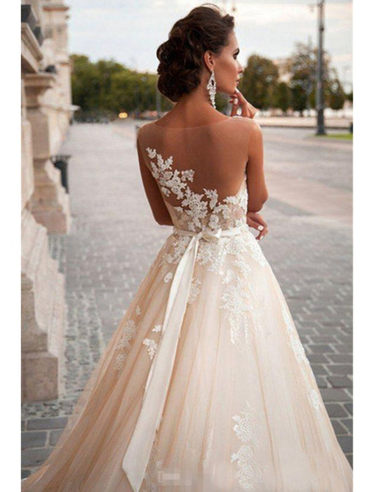 Engagement Open Back Formal Wedding Dresses Ball Gown Illusion Neck Sleeveless Court Train Satin Bridal Gowns With Appliques Summer Wedding Party, Women's Clothing by YiHuiw