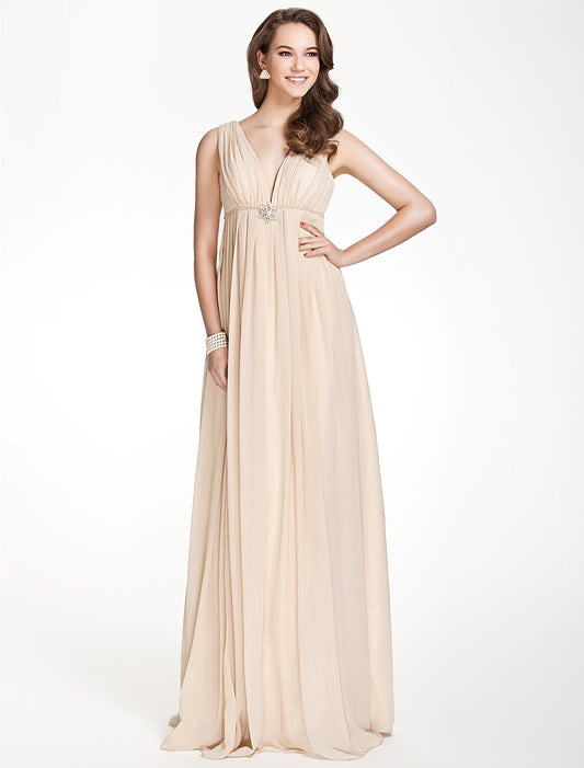 A-Line Bridesmaid Dress V Neck Sleeveless Beautiful Back Floor Length Chiffon with Pleats / Beading / Draping by YiHuiw