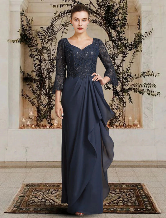 Sheath / Column Mother of the Bride Dress Elegant V Neck Floor Length Chiffon Lace 3/4 Length Sleeve with Pleats Appliques by YiHuiw