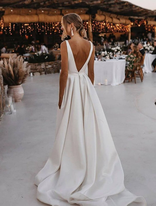 Beach Casual Wedding Dresses A-Line V Neck Sleeveless Court Train Satin Bridal Gowns With Sashes / Ribbons Sash / Ribbon Summer Wedding Party Women's Clothing by YiHuiw