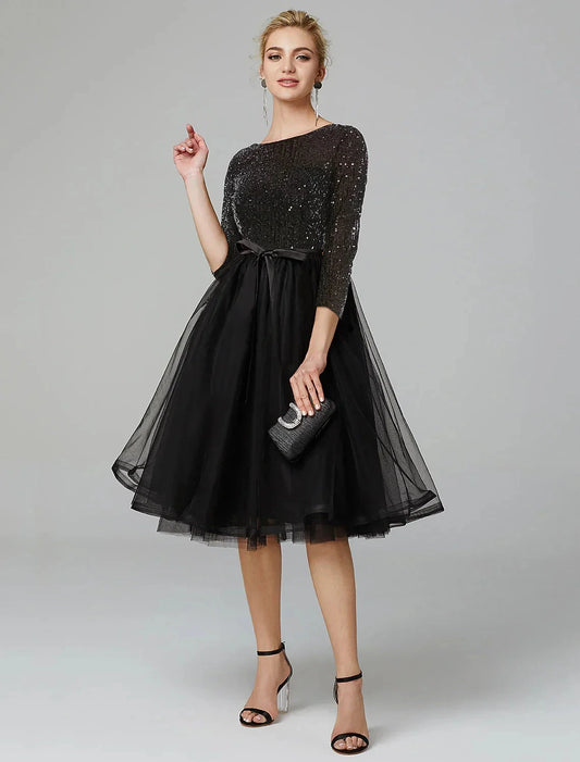 A-Line Cocktail Dresses Sparkle & Shine Dress Formal Tea Length 3/4 Length Sleeve Jewel Neck Fall Wedding Guest Tulle with Sequin Strappy by YiHuiw