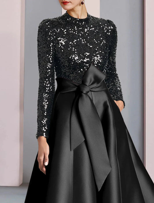 A-Line Mother of the Bride Dress Wedding Guest Elegant Sparkle & Shine High Neck Tea Length Satin Sequined Long Sleeve with Bow(s) Pleats by YiHuiw