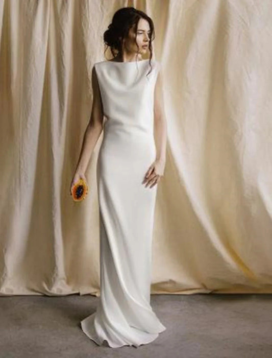 Reception Open Back Casual Wedding Dresses Sheath / Column Scoop Neck Sleeveless Sweep / Brush Train Satin Bridal Gowns With Solid Color Summer Fall Wedding Party Women's Clothing by YiHuiw