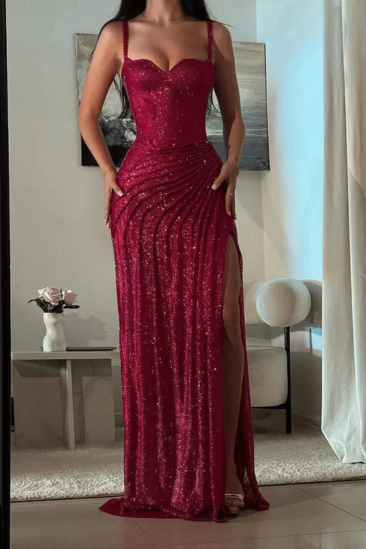 Amazing Fuchsia Sequin Prom Dress Long Mermaid Formal Gown with Split simple gentle atmospheric and unique desi Bring summer colors to enhance whiteness by YiHuiw