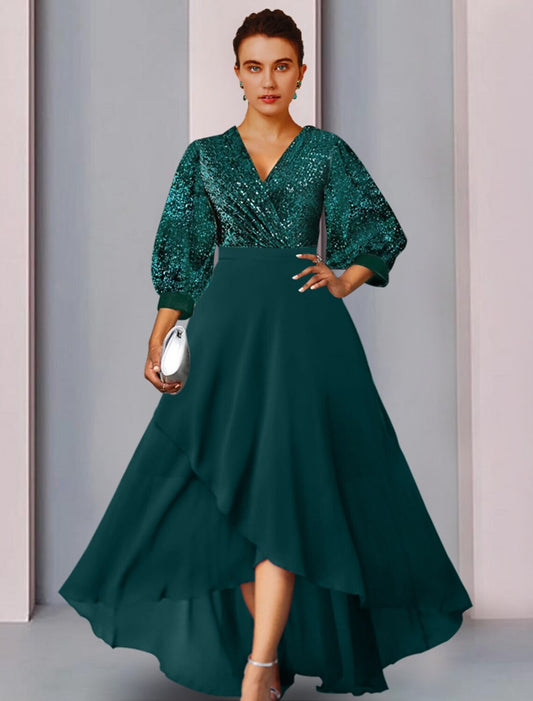 Sheath / Column Mother of the Bride Dress Wedding Guest Elegant Sparkle & Shine V Neck Asymmetrical Chiffon Lace Long Sleeve with Pleats Sequin by YiHuiw