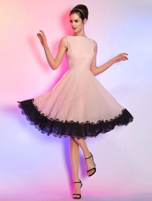 A-Line Vintage Dress Homecoming Graduation Knee Length Sleeveless Boat Neck Pink Dress Chiffon with Lace Insert by YiHuiw