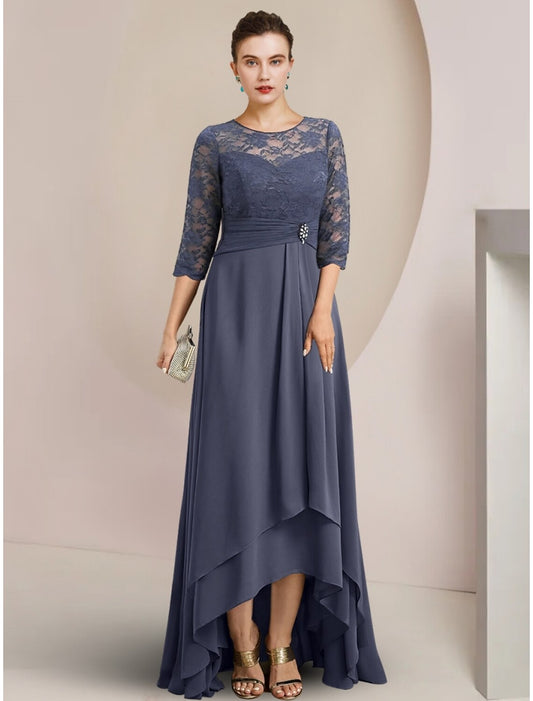 A-Line Mother of the Bride Dress Wedding Guest Elegant Jewel Neck Asymmetrical Chiffon Half Sleeve with Lace Crystal Brooch Ruching by YiHuiw