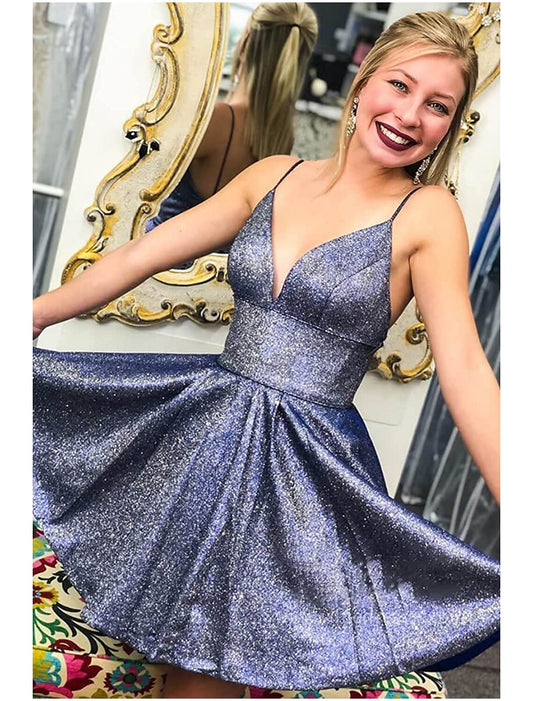 A-Line Cocktail Dresses Party Dress Homecoming Graduation Short / Mini Sleeveless V Neck Satin Backless with Pleats