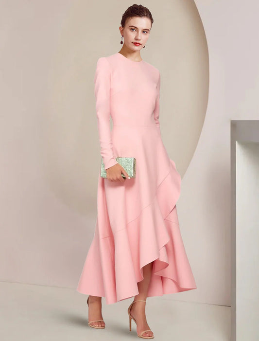 A-Line Mother of the Bride Dress Formal Wedding Guest Elegant High Low Scoop Neck Asymmetrical Ankle Length Fabric Long Sleeve with Ruffles