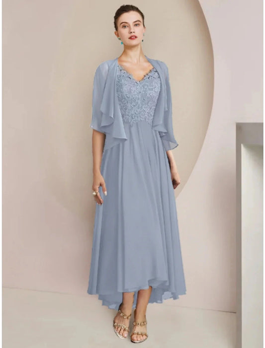 Sheath / Column Mother of the Bride Dress Wedding Guest Vintage Elegant V Neck Asymmetrical Ankle Length Chiffon Lace Half Sleeve with Pleats Solid Color by YiHuiw