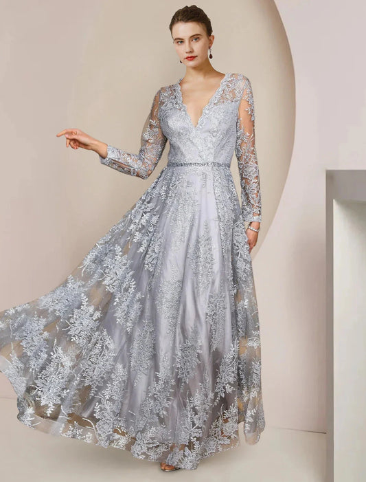 A-Line Mother of the Bride Dress Formal Wedding Guest Elegant V Neck Floor Length Tea Length Lace Long Sleeve with Appliques Crystal Brooch by YiHuiw