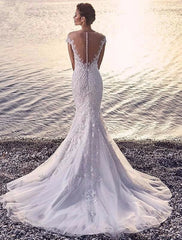 Beach Formal Wedding Dresses Mermaid / Trumpet Scoop Neck Off Shoulder Cap Sleeve Court Train Lace Bridal Gowns With Appliques Summer Wedding Party Women's Clothing