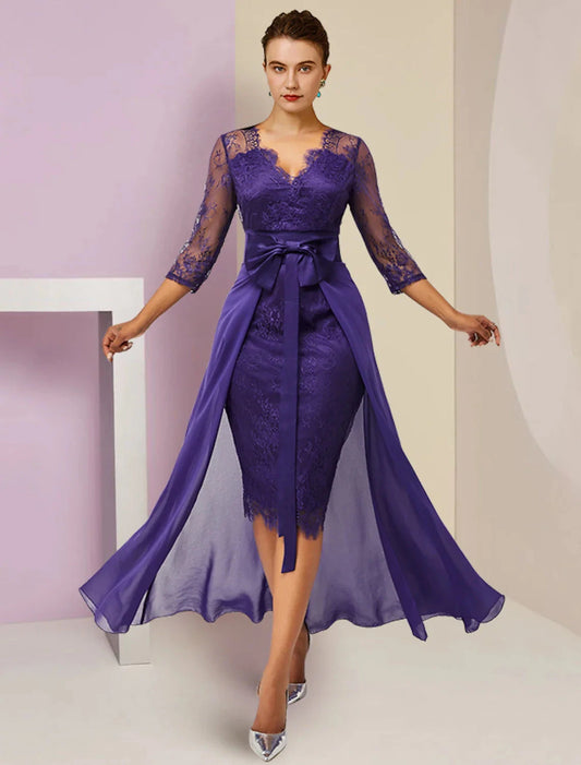 Two Piece Sheath / Column Mother of the Bride Dress Formal Fall Wedding Guest Elegant detachable V Neck Knee Length Chiffon Lace 3/4 Length Sleeve with Bow(s) by YiHuiw