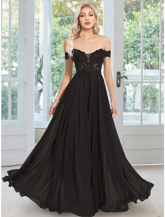 A-Line Evening Gown Floral Dress Prom Floor Length Sleeveless Off Shoulder Chiffon with Appliques by YiHuiw