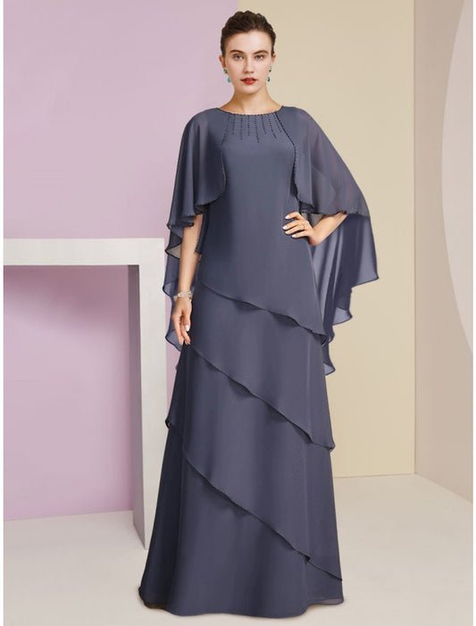 Sheath / Column Mother of the Bride Dress Wedding Guest Elegant Jewel Neck Floor Length Chiffon Half Sleeve with Sequin Tier Solid Color by YiHuiw