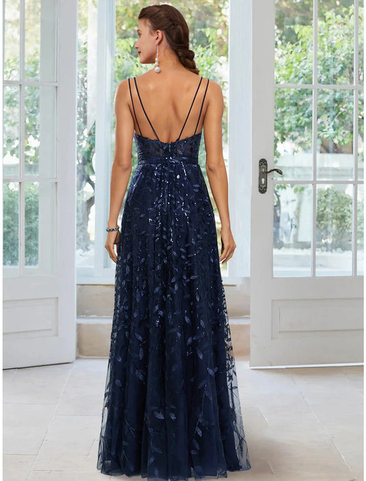 A-Line Evening Gown Floral Dress Formal Floor Length Sleeveless Spaghetti Strap Satin with Slit Appliques by YiHuiw