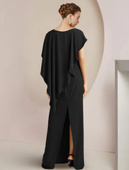 Sheath / Column Mother of the Bride Dress Formal Wedding Guest Elegant Scoop Neck Floor Length Fabric Sleeveless with Split Front