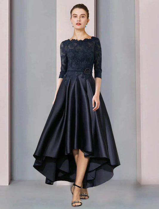 A-Line Mother of the Bride Dress Wedding Guest Elegant High Low Scoop Neck Asymmetrical Tea Length Satin Lace 3/4 Length Sleeve with Pleats Appliques Flower by YiHuiw