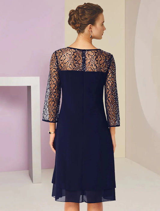 A-Line Mother of the Bride Dress Formal Wedding Guest Elegant Scoop Neck Knee Length Lace 3/4 Length Sleeve with Sequin by YiHuiw