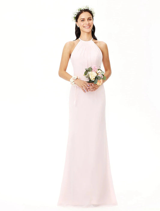 Sheath / Column Bridesmaid Dress Jewel Neck Sleeveless Elegant Floor Length Chiffon with Pleats by YiHuiw
