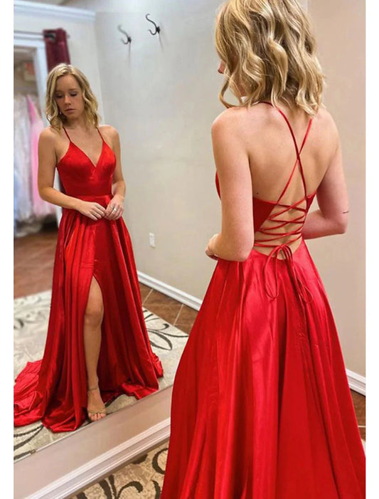 A-Line Prom Dresses Sexy Dress Formal Sweep / Brush Train Sleeveless V Neck Imitation Silk Backless with Slit by YiHuiw