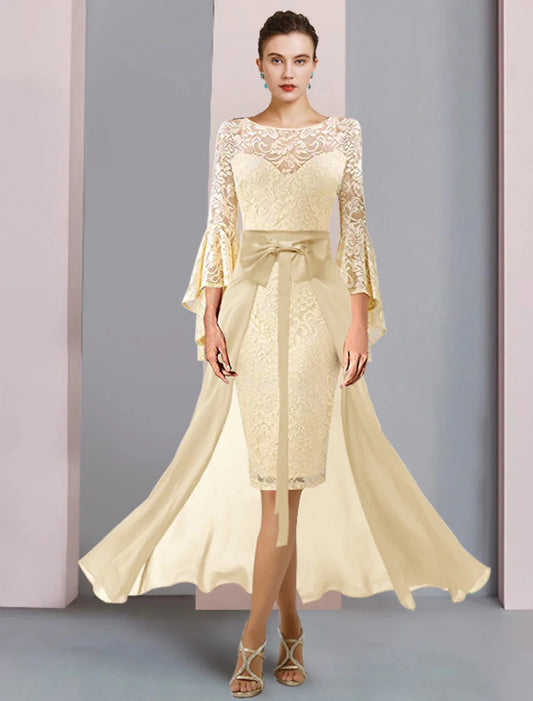 Two Piece Sheath / Column Mother of the Bride Dress Formal Wedding Guest Elegant Scoop Neck Knee Length Chiffon Lace 3/4 Length Sleeve with Bow(s) by YiHuiw