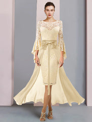 Two Piece Sheath / Column Mother of the Bride Dress Formal Wedding Guest Elegant Scoop Neck Knee Length Chiffon Lace 3/4 Length Sleeve with Bow(s)