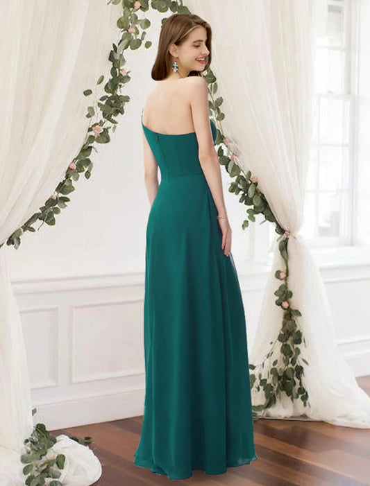 A-Line Bridesmaid Dress One Shoulder Sleeveless Elegant Floor Length Chiffon with Pleats by YiHuiw