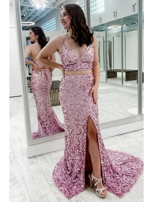 Two Piece Ball Gown Mermaid / Trumpet Prom Dresses Sparkle & Shine Dress Party Wear Sweep / Brush Train Sleeveless Spaghetti Strap Sequined Backless with Sequin Slit by YiHuiw
