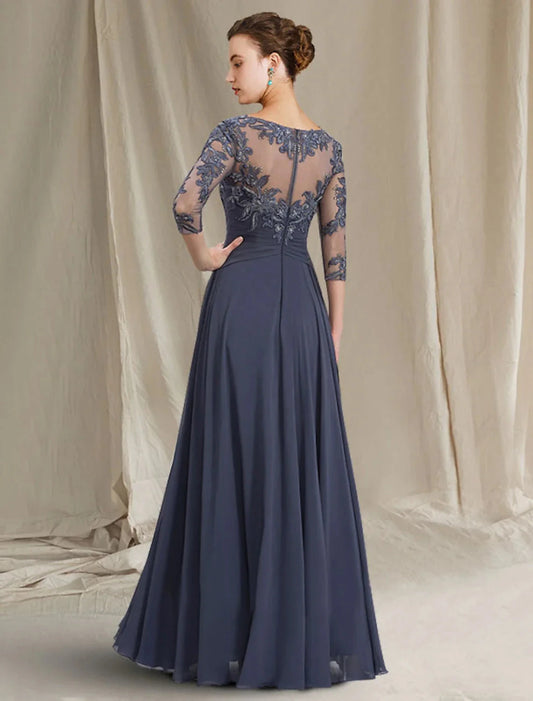 A-Line Mother of the Bride Dress Elegant Jewel Neck Floor Length Chiffon Lace 3/4 Length Sleeve with Pleats Appliques by YiHuiw